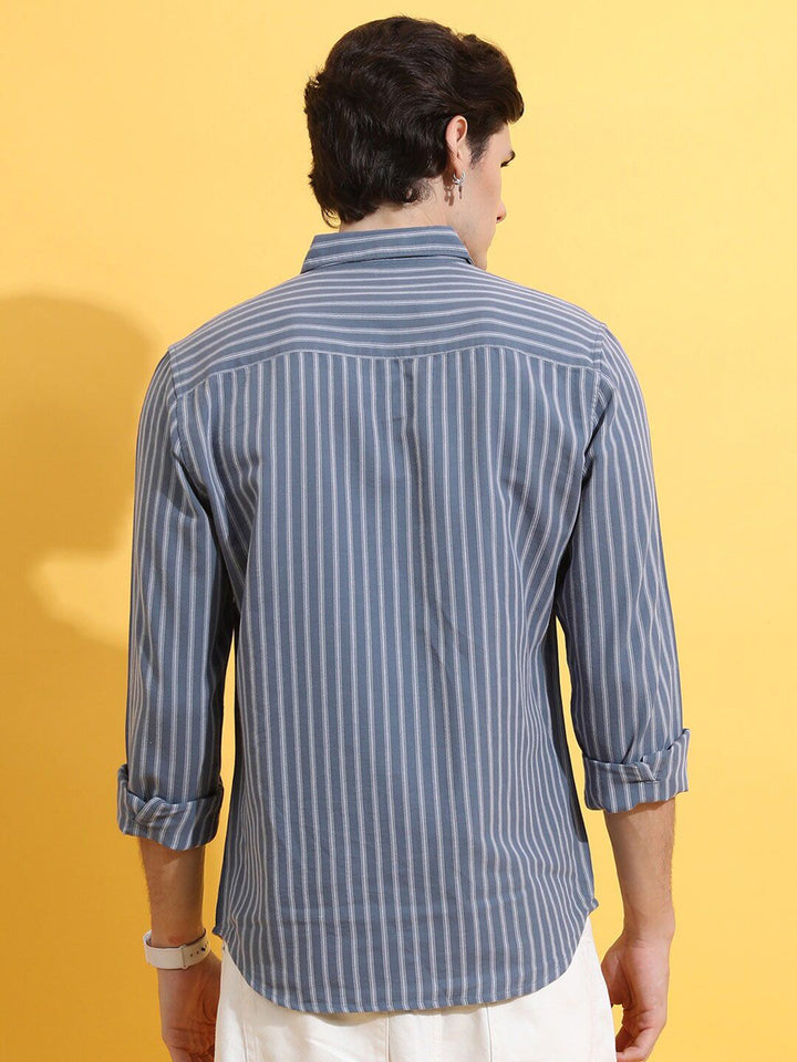 HIGHLANDER Grey Slim Fit Striped Casual Cotton Shirt