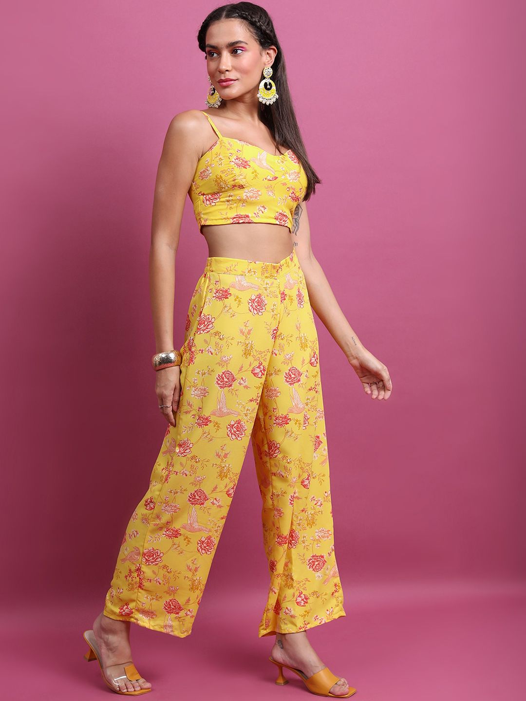 Vishudh Yellow Printed Regular Top with Palazzos And Jacket