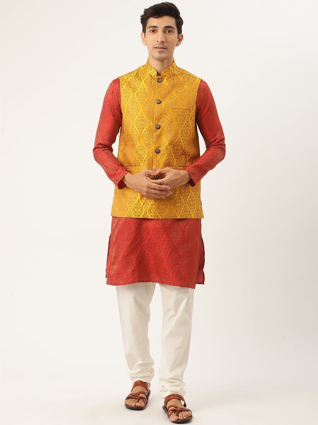 SOJANYA Men Red Ethnic Motifs Jacquard Silk Kurta with Churidar & Nehru Jacket