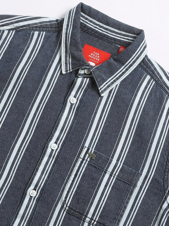 THE BEAR HOUSE Slim Fit Striped Twill Pure Cotton Casual Shirt