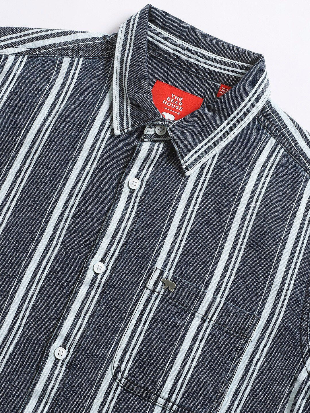 THE BEAR HOUSE Slim Fit Striped Twill Pure Cotton Casual Shirt