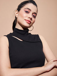 SASSAFRAS BASICS Ribbed Turtle Neck Sleeveless Cut Outs Cotton Fitted Top