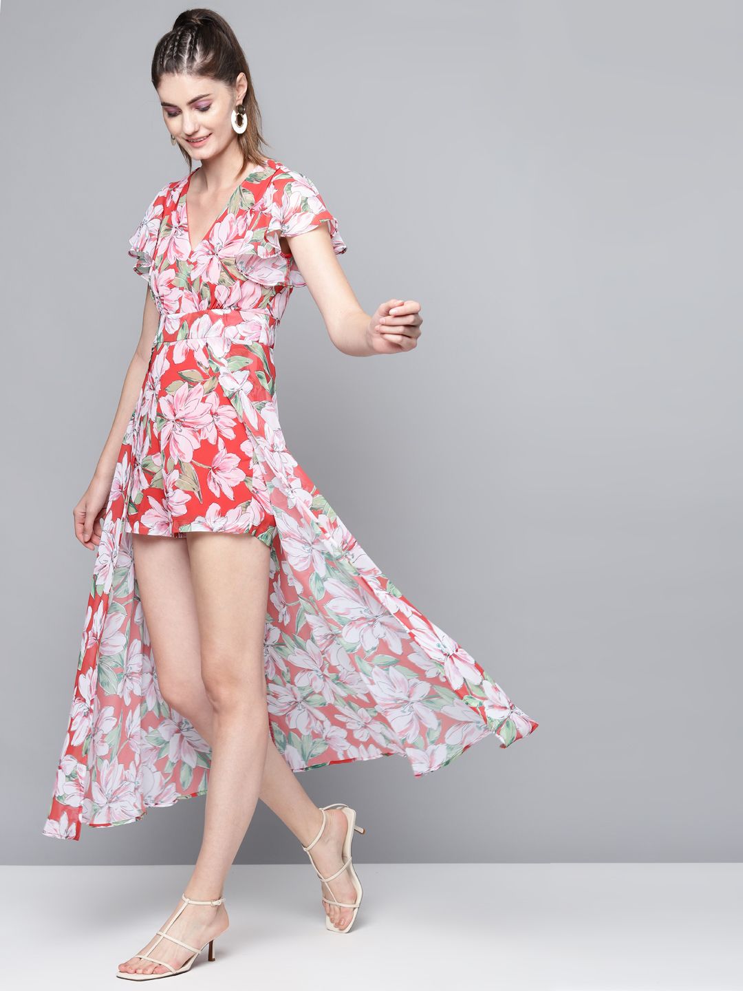 SASSAFRAS Coral Red & Green Floral Printed Layered Jumpsuit