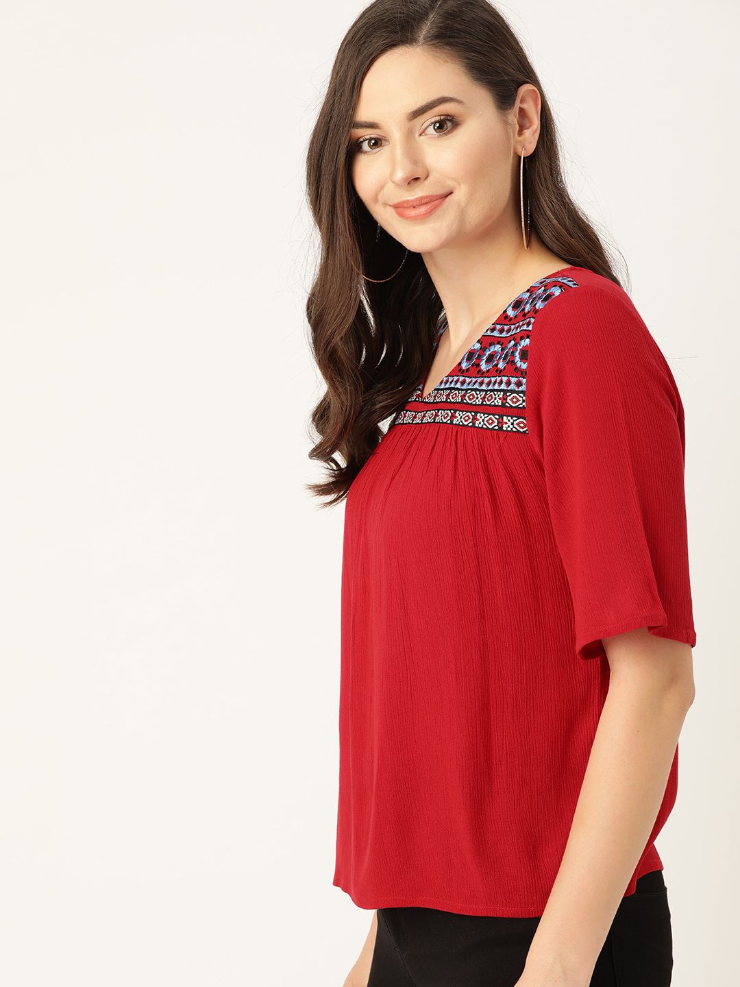 DressBerry Red & Blue Embroidered A-Line Top