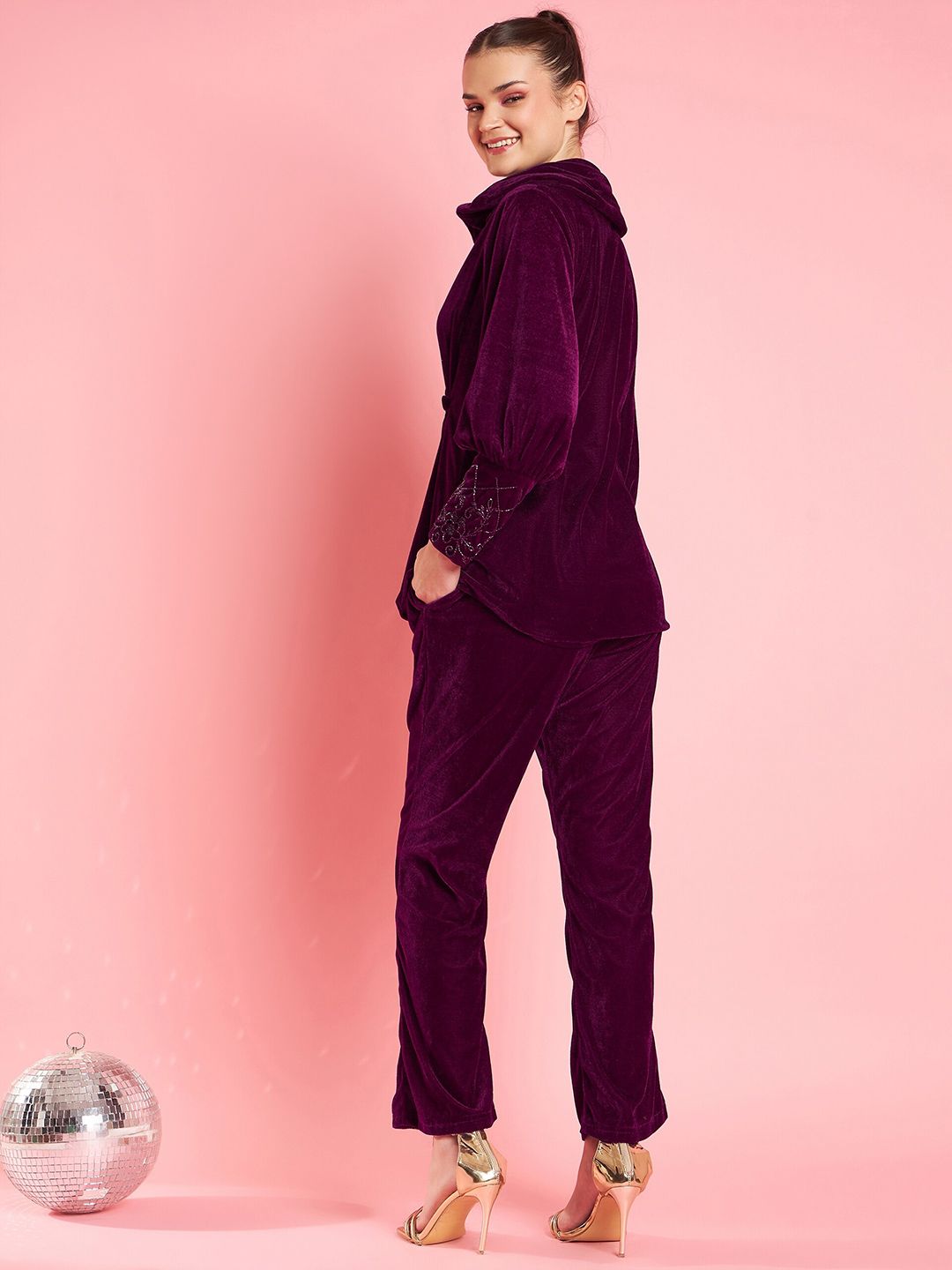 Antheaa Purple Embellished Lapel Collar Velvet Top With Trousers