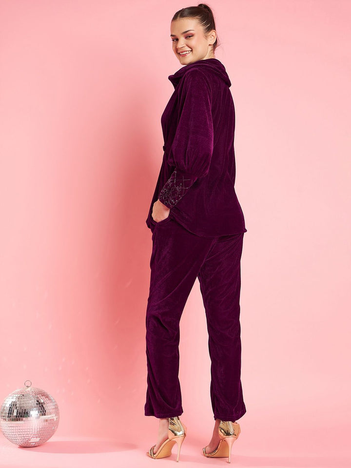 Antheaa Purple Embellished Lapel Collar Velvet Top With Trousers