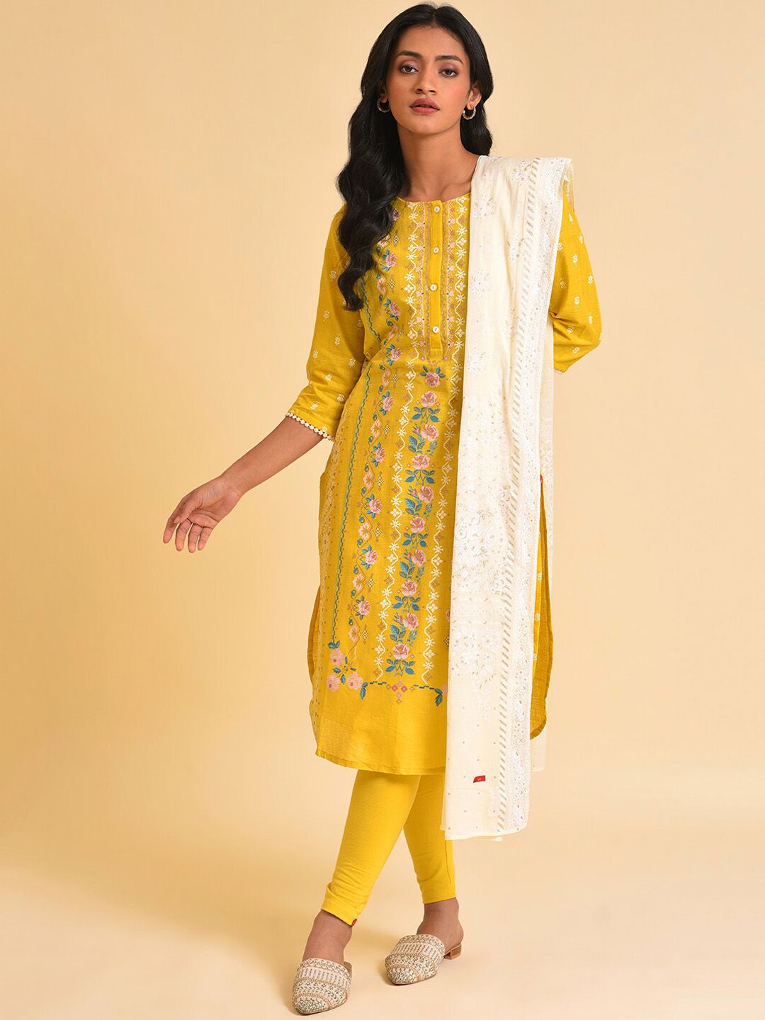 W Mustard Yellow & White Floral Printed Pure Cotton Kurta With Leggings & Dupatta