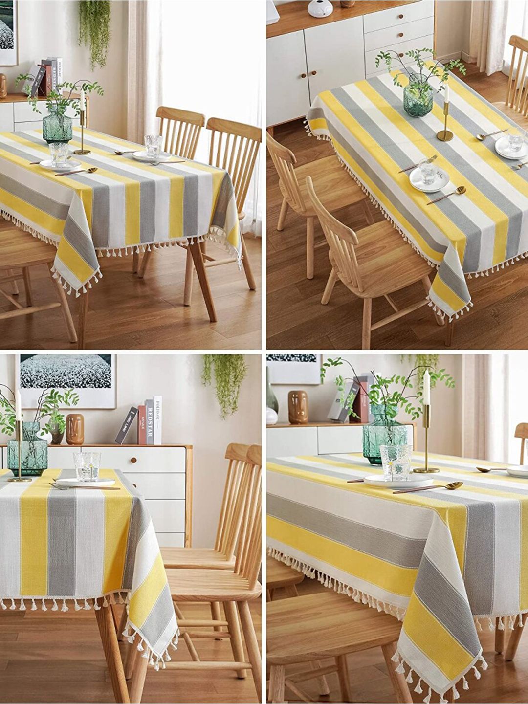 URBAN SPACE Yellow & Grey Striped 4-Seater Cotton Table Cloth