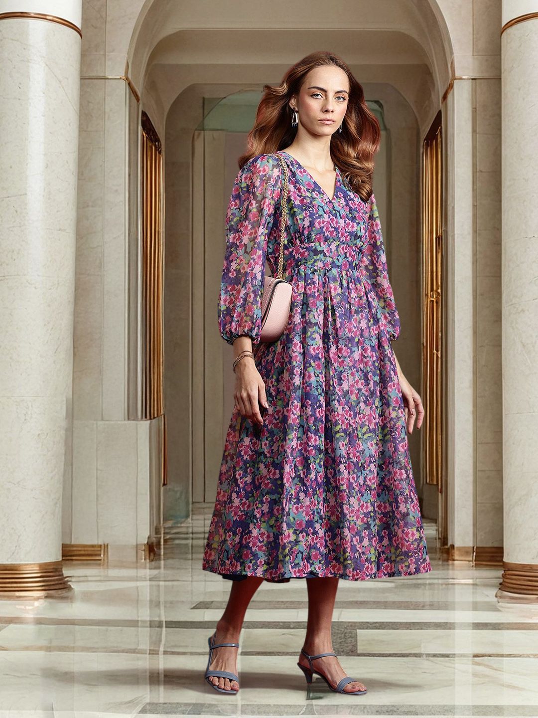 all about you Floral Print Puff Sleeve A-Line Midi Dress