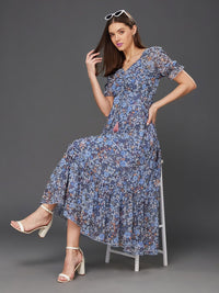 Miss Chase Floral Print Sweetheart Neck Puff Sleeve Georgette Fit & Flare Dress