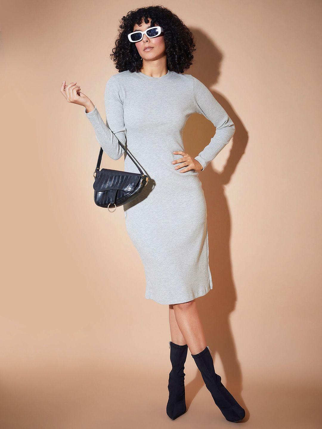 SASSAFRAS BASICS Self Design Round Neck Cotton Bodycon Midi Dress