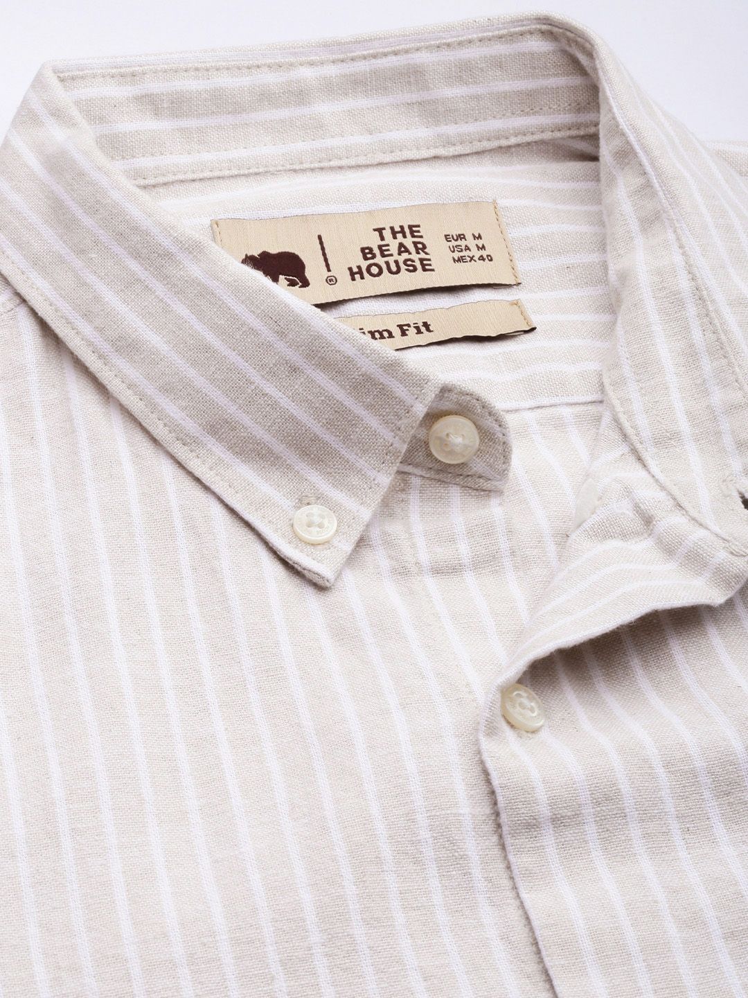 THE BEAR HOUSE Men Slim Fit Striped Cotton-Linen Casual Shirt