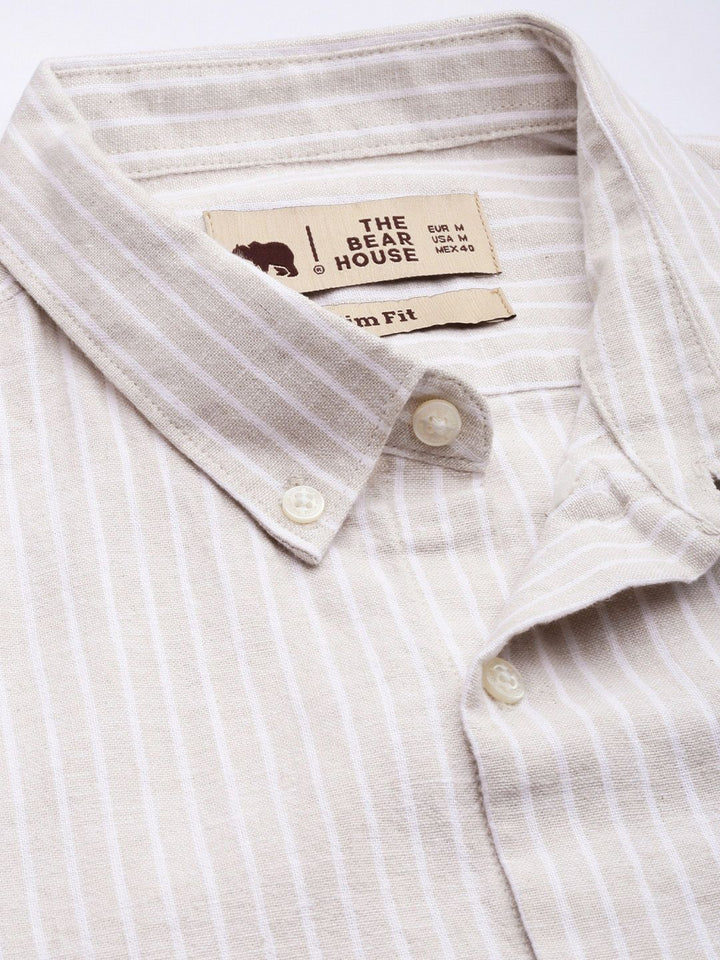 THE BEAR HOUSE Men Slim Fit Striped Cotton-Linen Casual Shirt