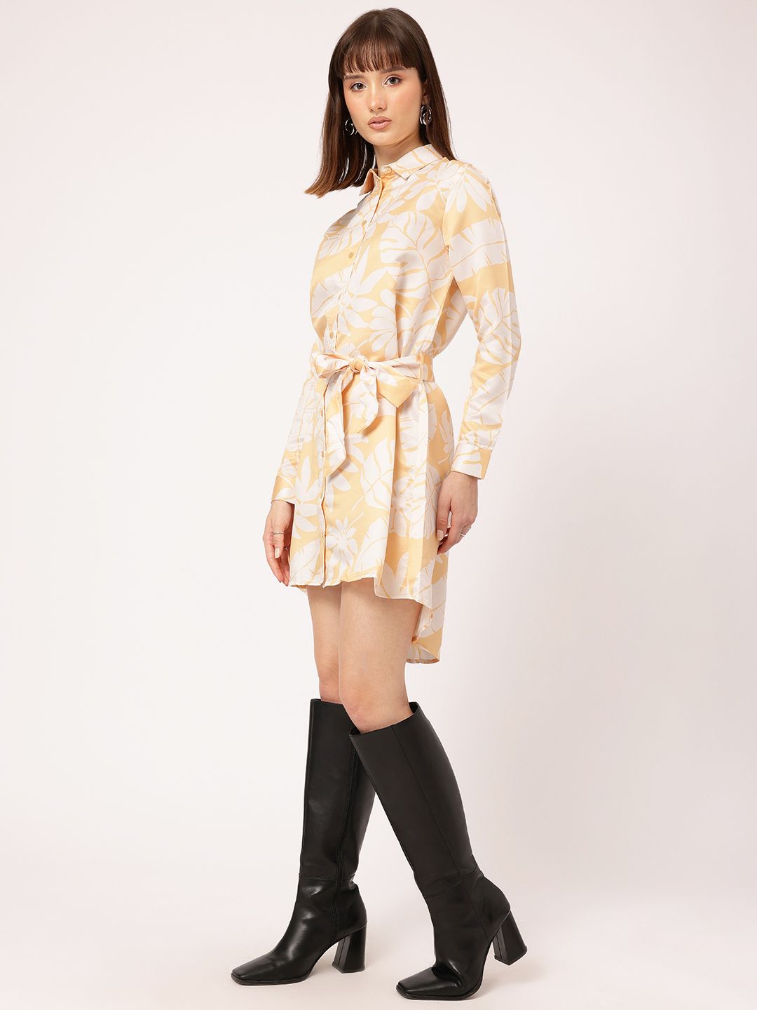 DressBerry Charming Lush Tropical Printed Belted Shirt Style Dress