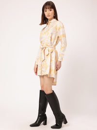 DressBerry Charming Lush Tropical Printed Belted Shirt Style Dress