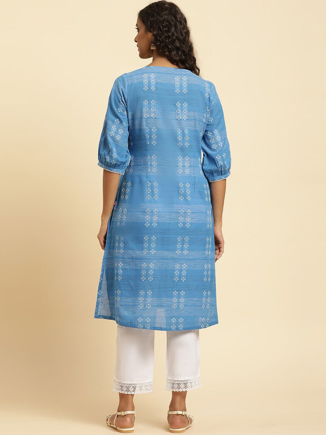 W Floral Woven Design Puffed Sleeves Panelled Pure Cotton A-Line Kurta