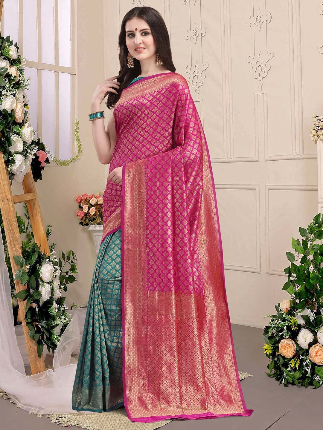 KALINI Green & Pink Ethnic Motifs Zari Silk Blend Half and Half Kanjeevaram Saree