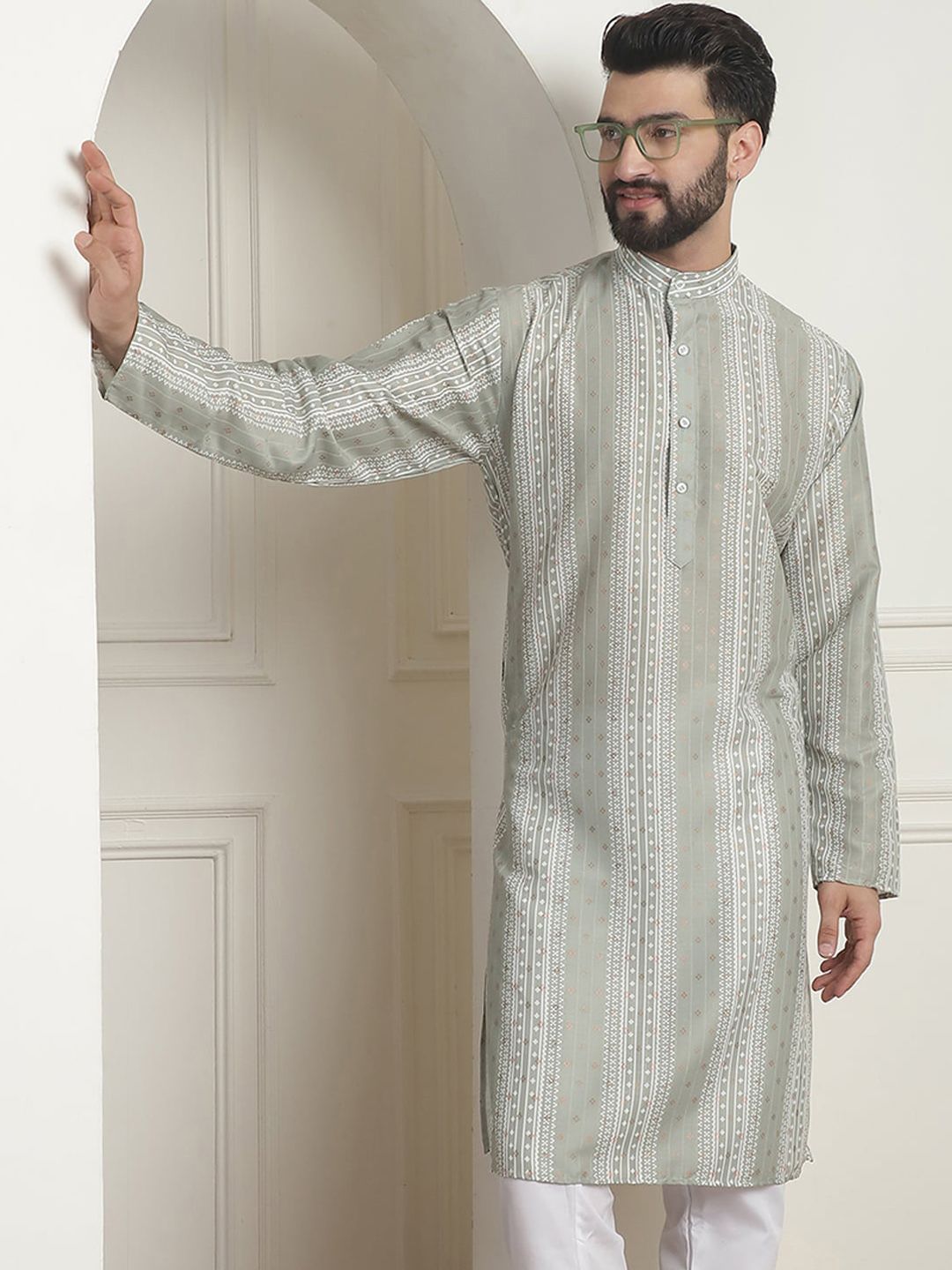 SOJANYA Printed Mandarin Collar Lengan Panjang Kurta Lurus