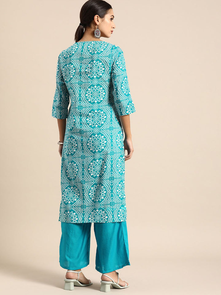 Anouk Women Blue & White Bandhani Print Pure Cotton Kurta with Palazzos