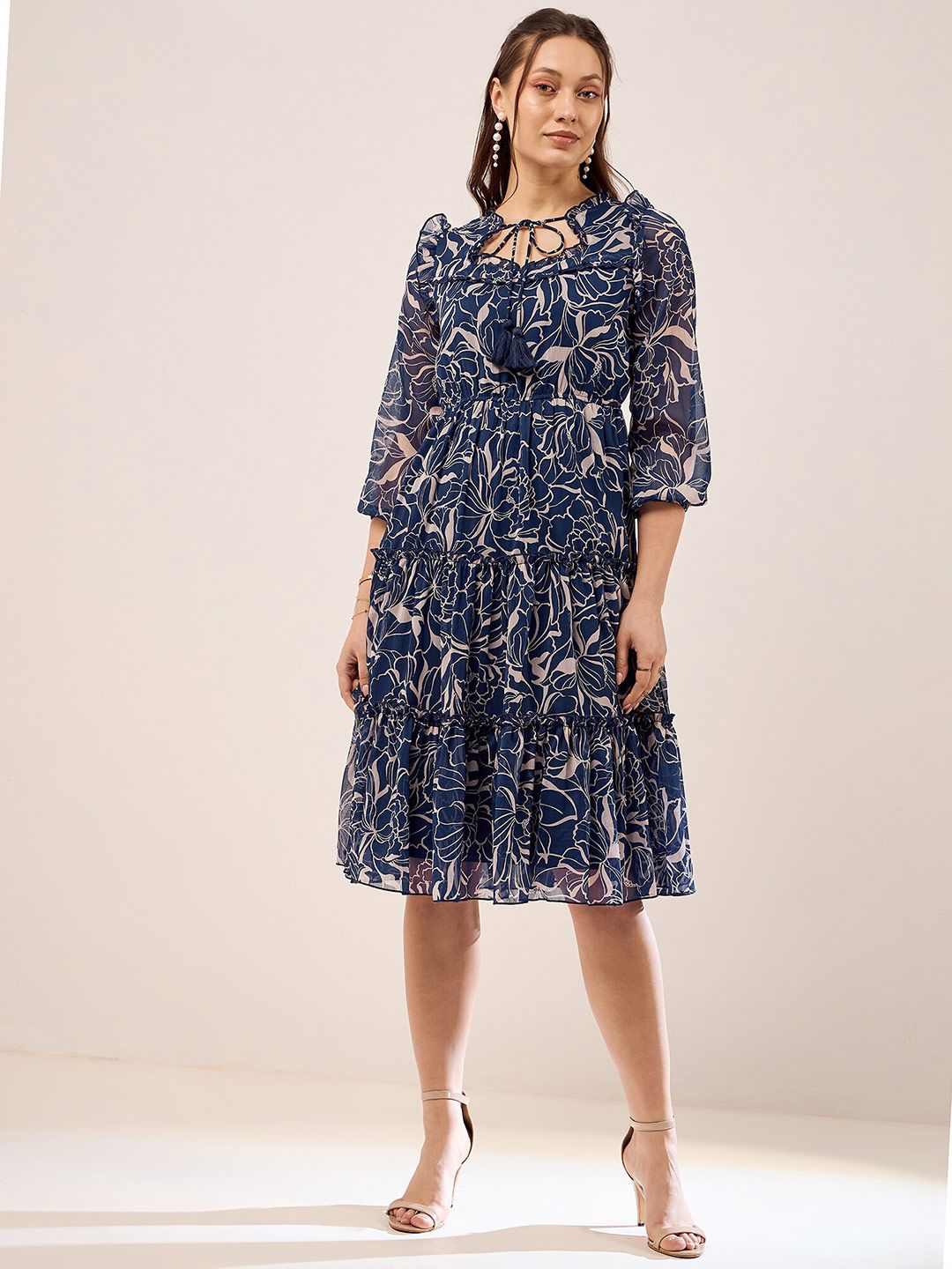 Antheaa Blue Floral Print Tie-Up Neck Cuffed Sleeves Chiffon Fit & Flare Dress
