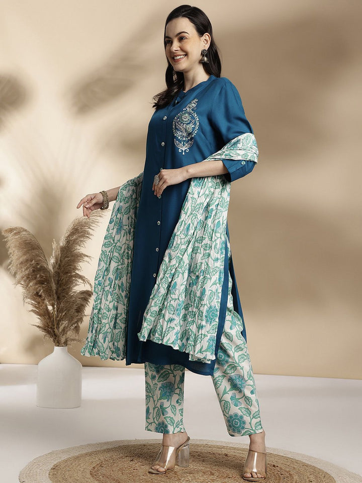 Anouk Floral Embroidered Regular Pure Cotton Kurta with Trousers & With Dupatta