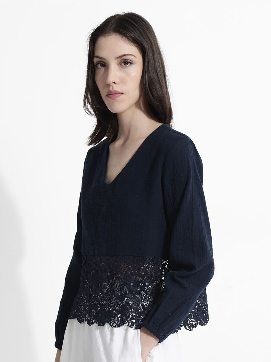 RAREISM Solid V-Neck Cotton Top