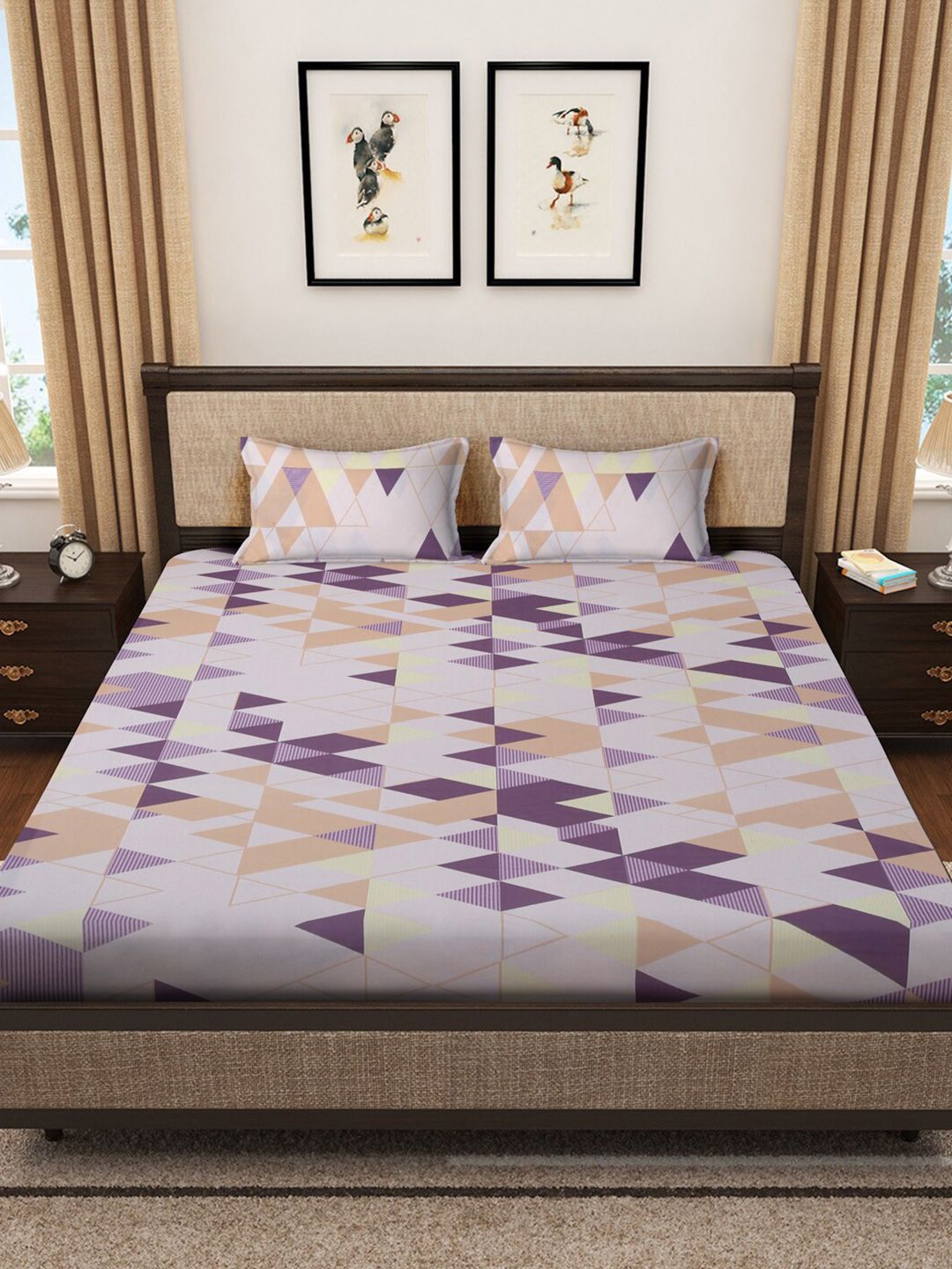 KLOTTHE Geometric Printed Fitted 400 TC Double King Bedsheets with 2 pillow covers