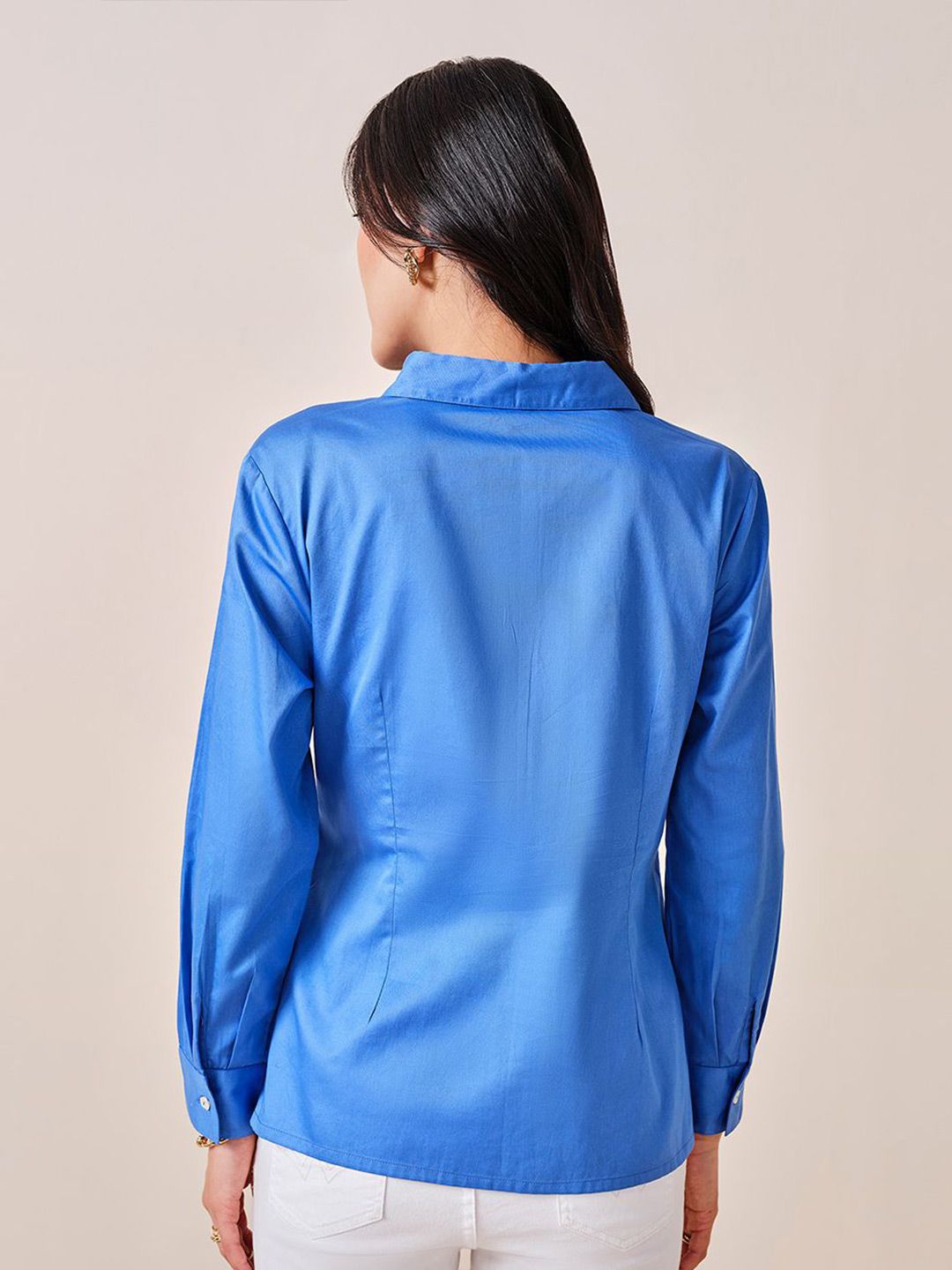 AND Women Solid Shirt Collar Long Sleeves Cotton Top