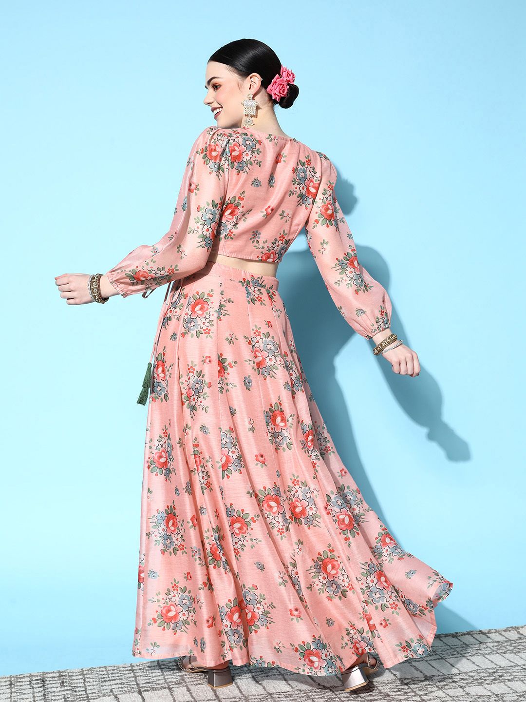Shae by SASSAFRAS Women Peach-Coloured & Red Printed Ready to Wear Lehenga Choli