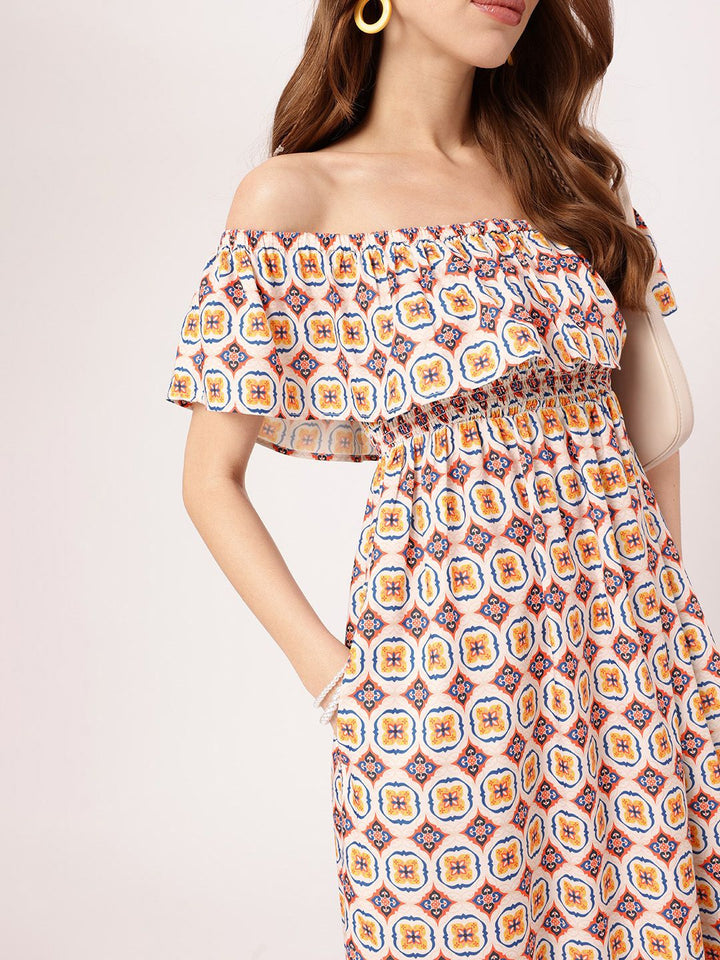 Boho Fetish Vibe Off Shoulder Smocked Midi Dress