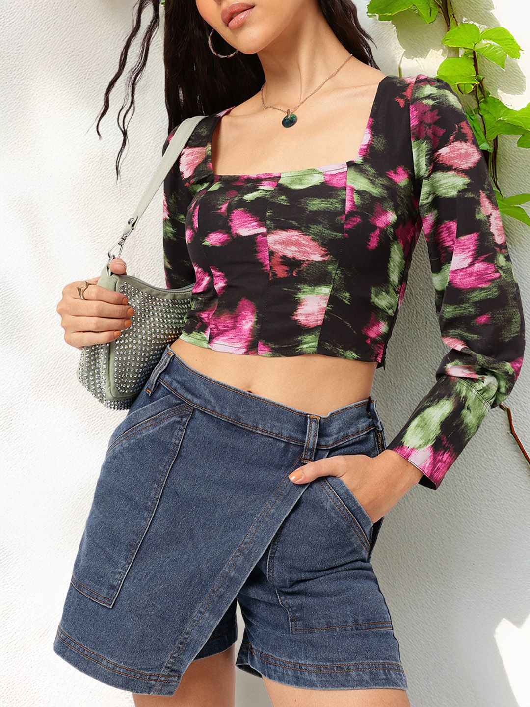 DressBerry Floral Finesse Cuffed Sleeve Crop Top