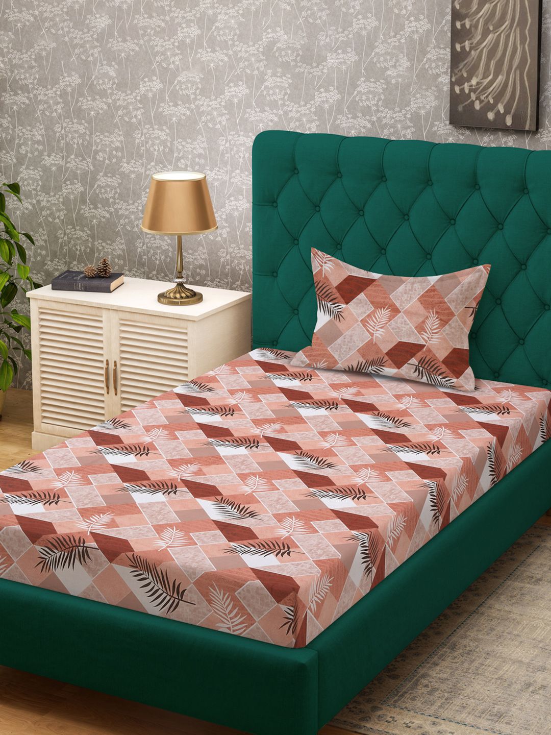 KLOTTHE Rust & White Printed Pure Cotton 400 TC Single Bedsheet With Pillow Cover