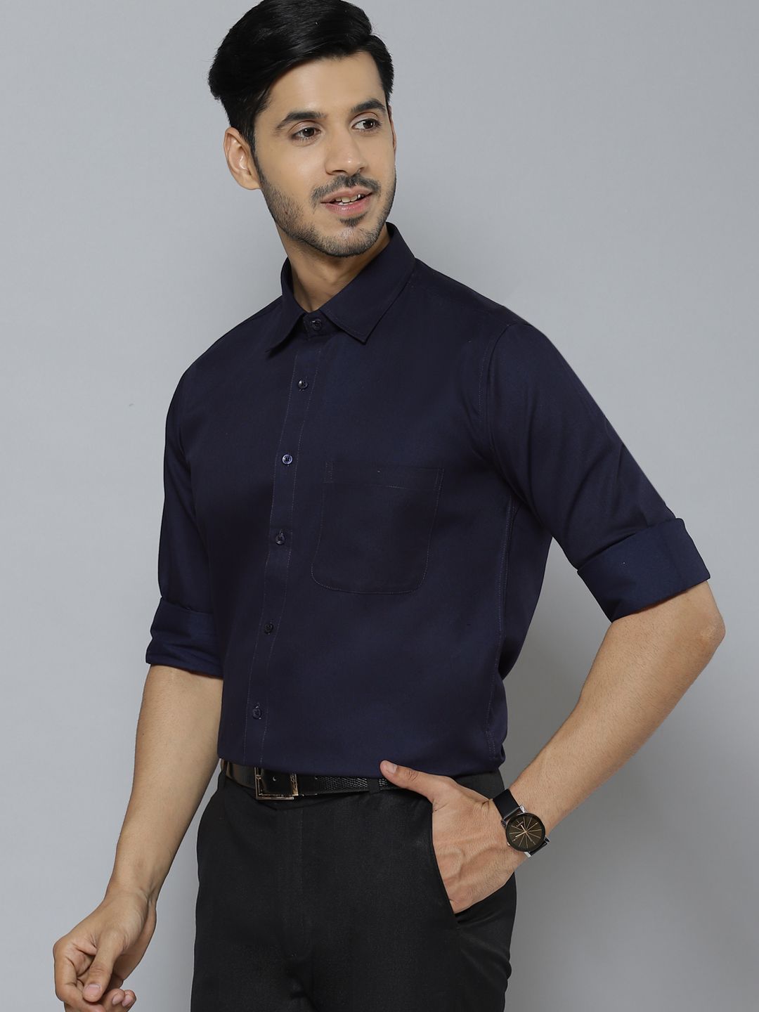 DENNISON Men Navy Blue Solid Smart Cotton Formal Shirt