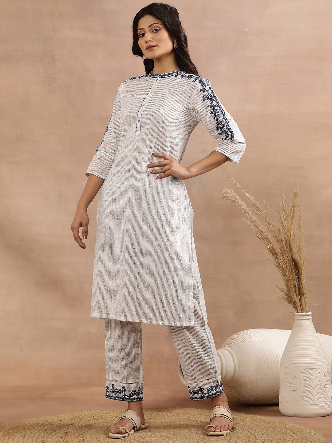 W Striped Thread Work Mandarin Collar Pure Cotton Kurta with Trousers