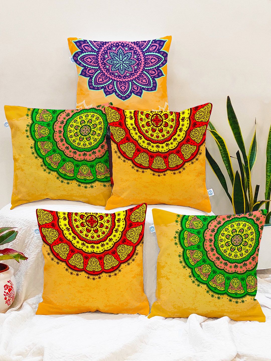 STITCHNEST Yellow & Blue Set of 5 Ethnic Motifs Square Cushion Covers