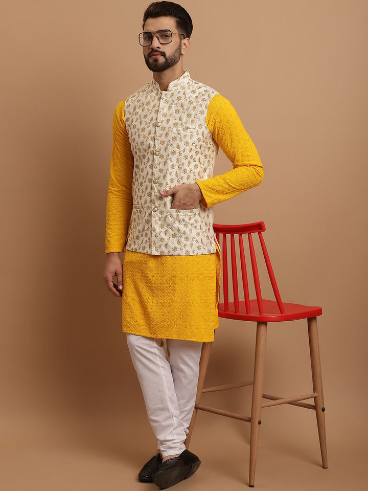 SOJANYA Etnik Sulam Labuci Kapas Tulen Kurta & Churidar Dengan Jaket Nehru