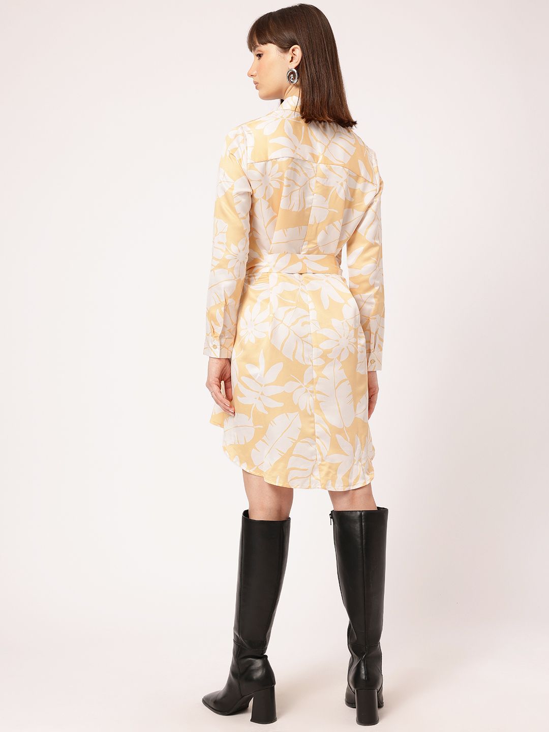 DressBerry Charming Lush Tropical Printed Belted Shirt Style Dress