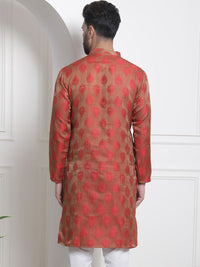 SOJANYA Men Copper-Toned & Red Woven Design Jacquard Silk Straight Kurta
