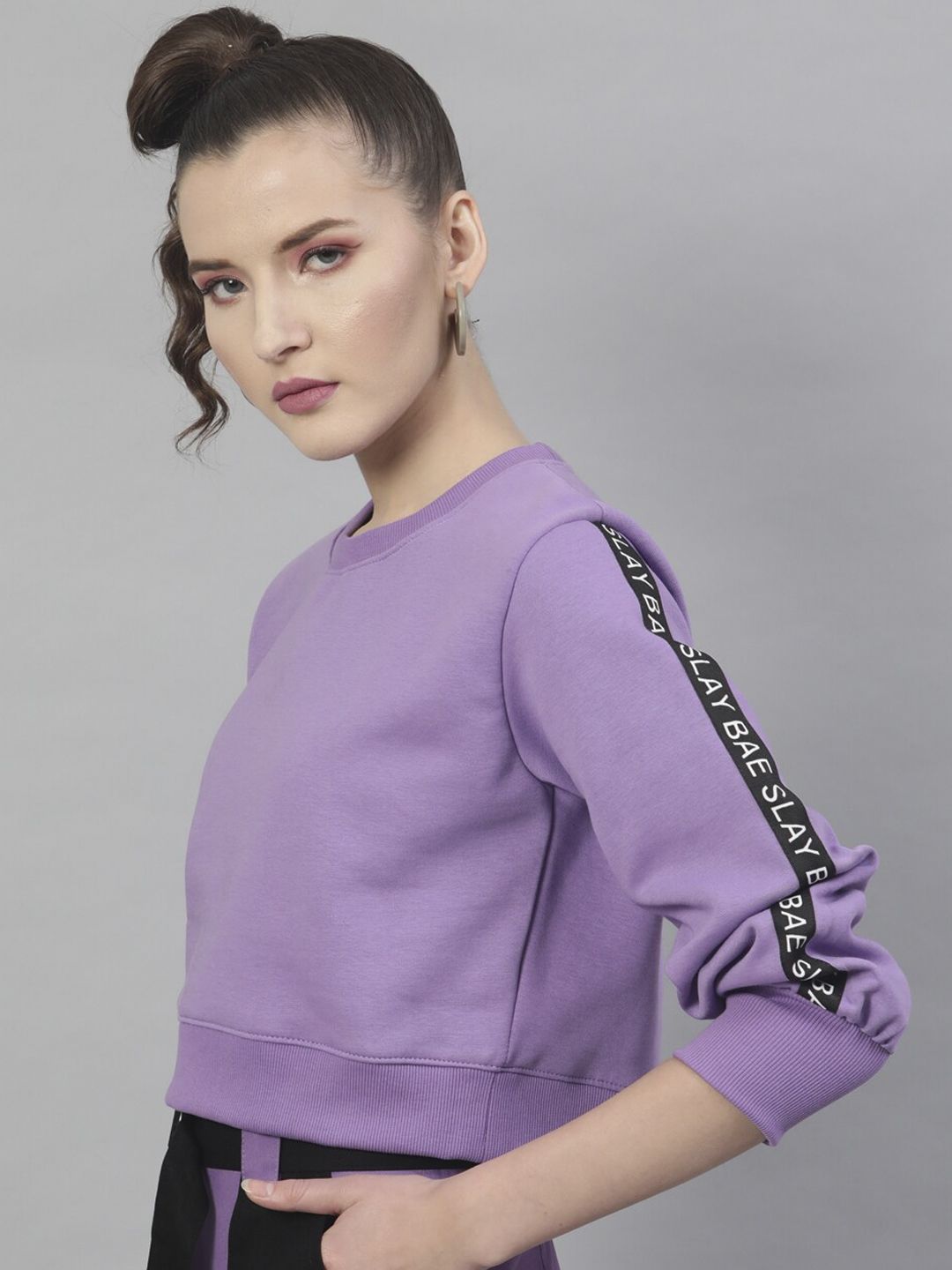STREET 9 Women Purple Solid Cotton Crop Sweatshirt
