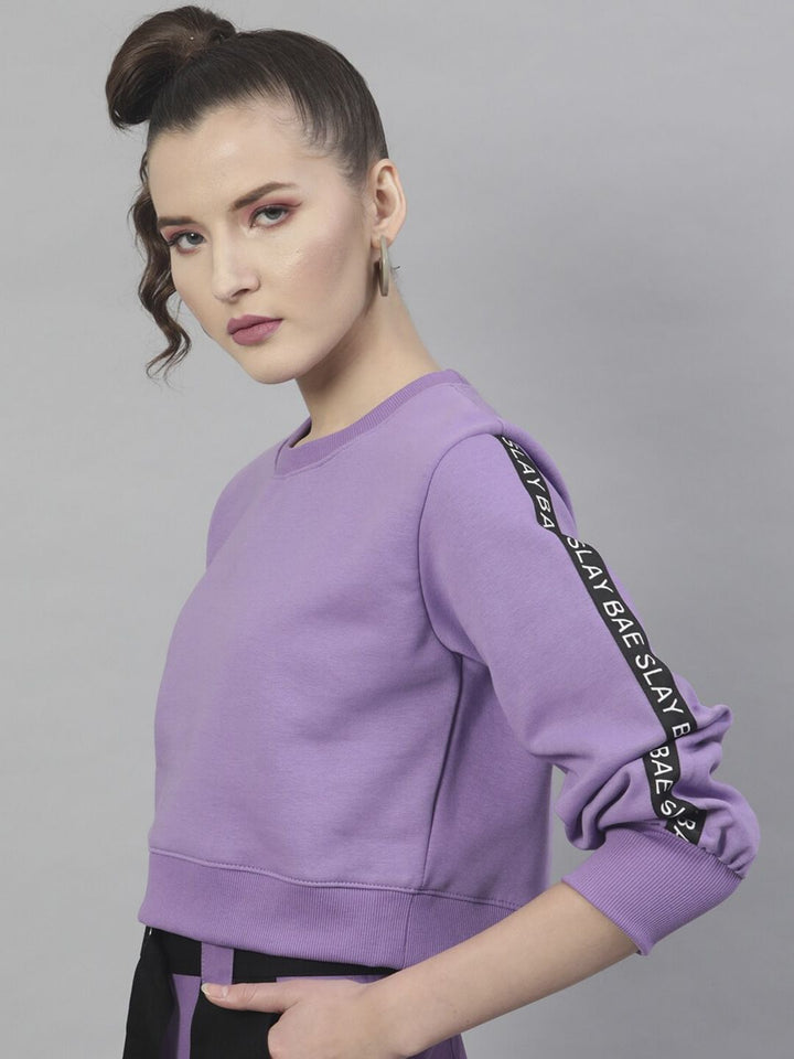 STREET 9 Women Purple Solid Cotton Crop Sweatshirt