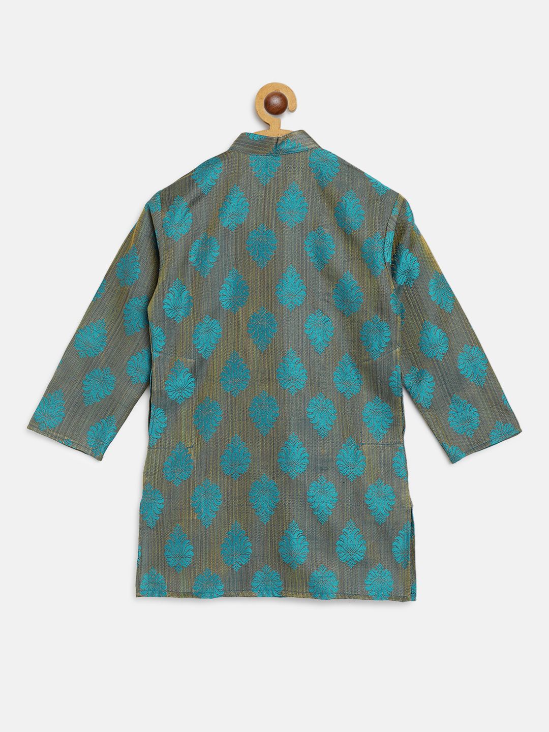 SOJANYA Boys Taupe & Teal Blue Woven Design Jacquard Weave Mandarin Collar Kurta