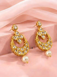 Gold-Toned Floral Crescent Kundan Studded Statement Pearl Drop Earrings