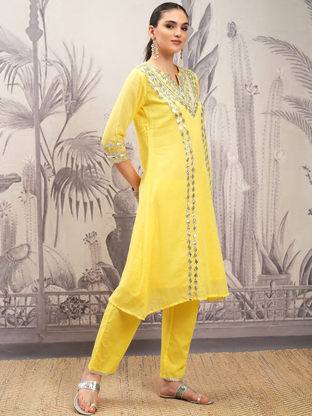 Vishudh Yellow Embroidered Pure Cotton Gotta Patti A-Line Kurta With Trousers & Dupatta