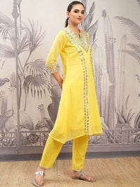 Vishudh Yellow Embroidered Pure Cotton Gotta Patti A-Line Kurta With Trousers & Dupatta