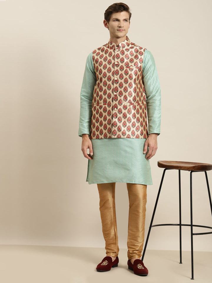 SOJANYA Kurta Hijau Laut Lelaki dengan Jaket Churidar & Nehru