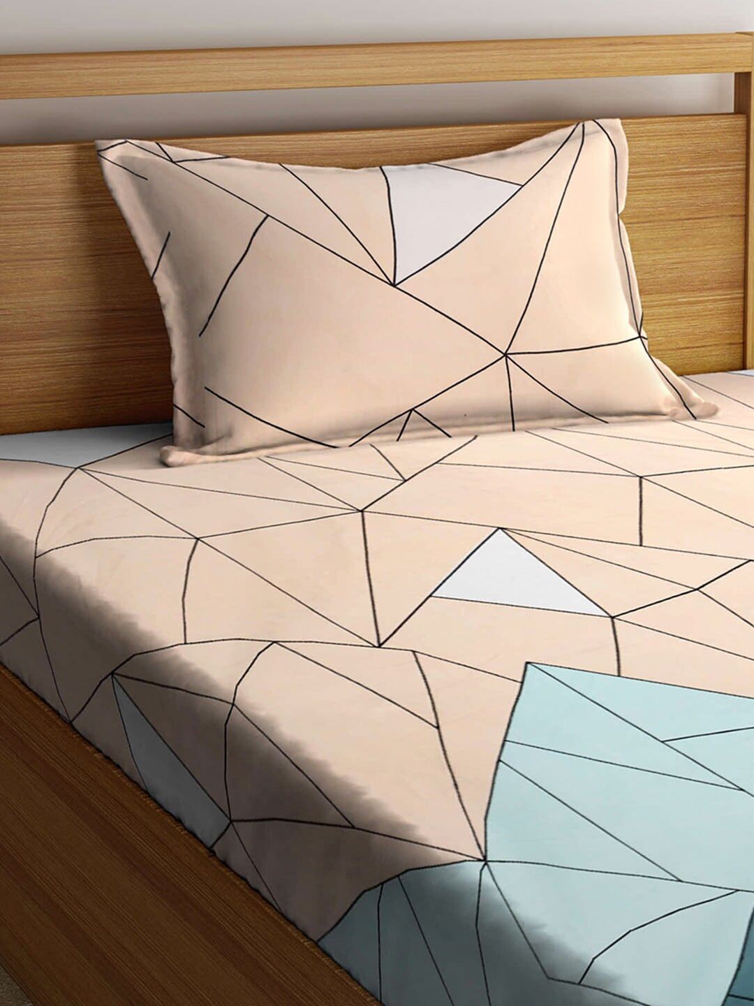KLOTTHE Peach & Sea Green Geometric 300 TC Single Bedsheet with 1 Pillow Covers