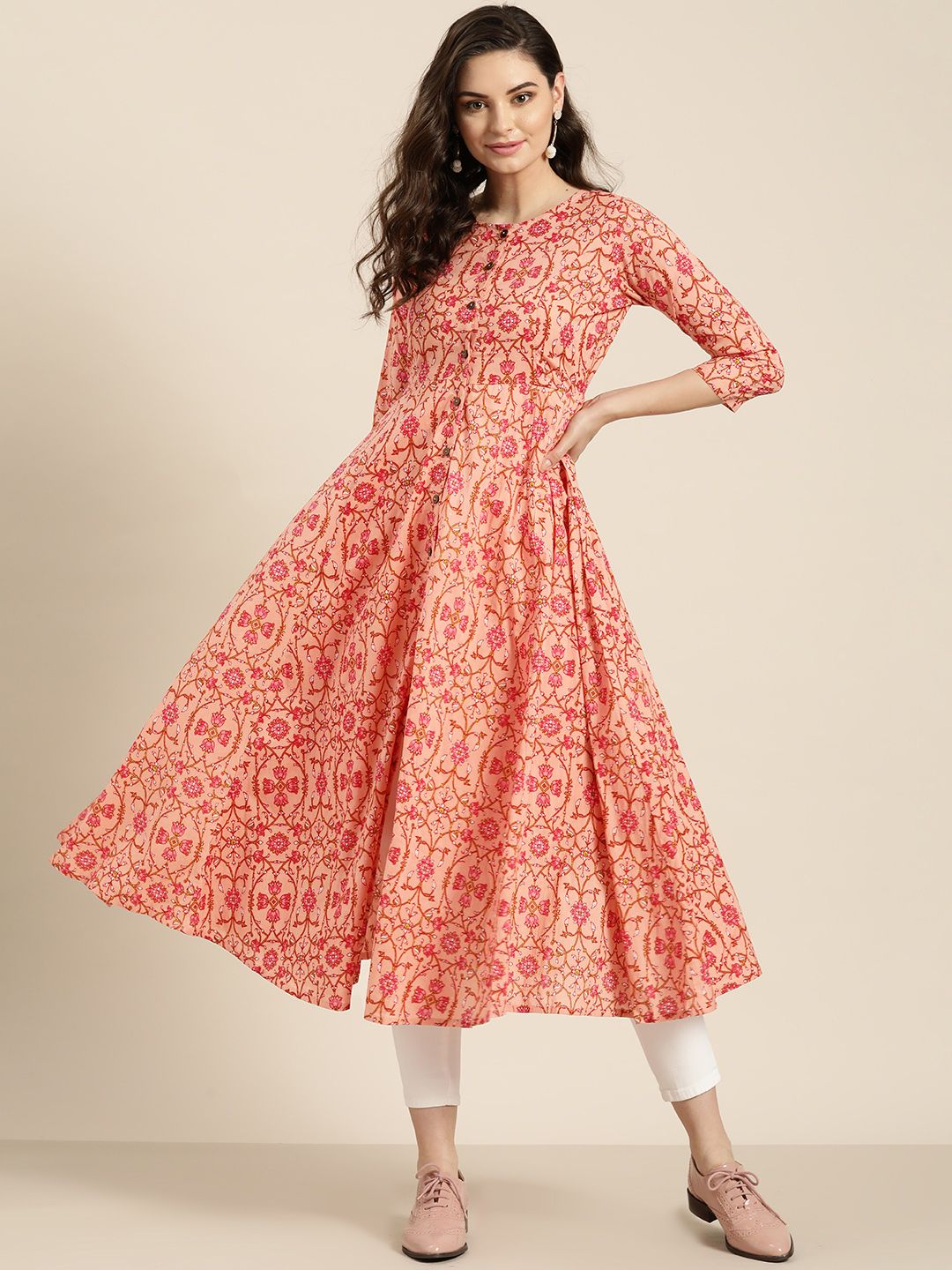 Shae by SASSAFRAS Women Peach-Coloured & Pink Printed Anarkali Kurta
