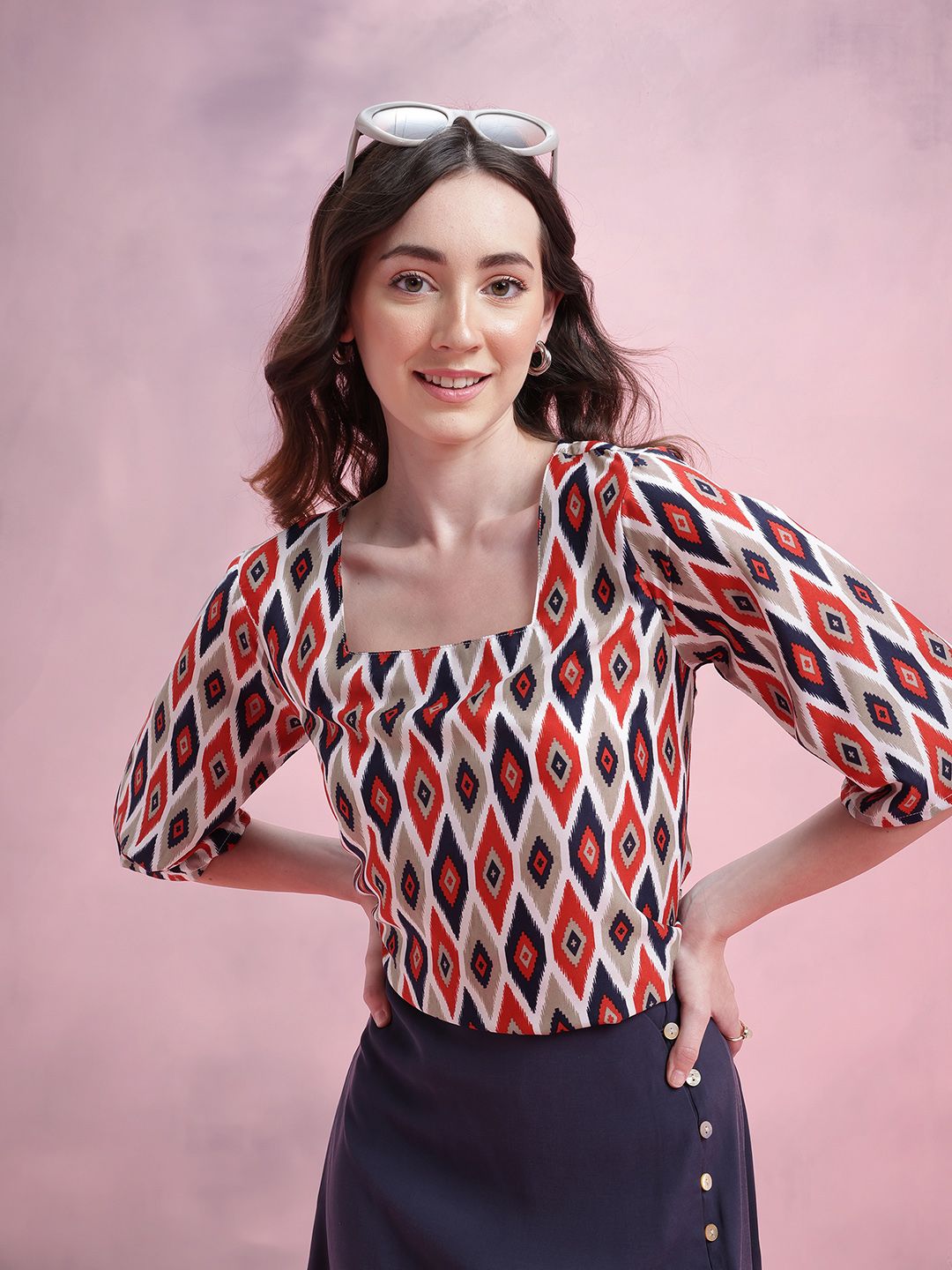 DressBerry Ikat Print Flared Sleeve Top