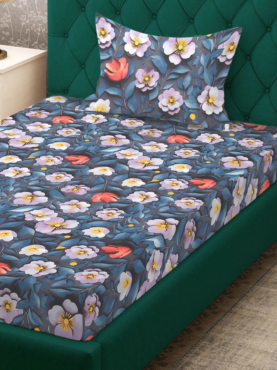 Myntra Elegant Homes Blue Floral 300 TC Single Bedsheet with 1 Pillow Covers