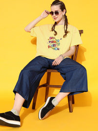 STREET 9 Women Yellow Printed Cotton Drop-Shoulder Sleeves Bio Finish Oversized T-shirt